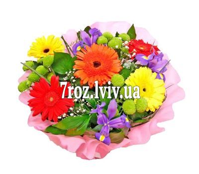 Букет из 5 гербер, 3 хризантем и 3 ирисов
