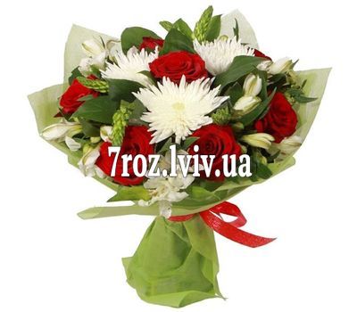 Букет квітів із 7 троянд, 3 хризантеми і 7 альстромерій