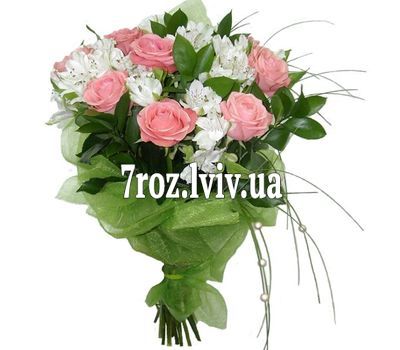 Букет квітів із 9 троянд та 10 альстромерій