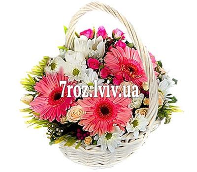 Кошик квітів з 3 хризантем, 3 гербер, 6 роз