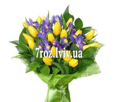 Букет квітів із 19 тюльпанів і 10 ірисів