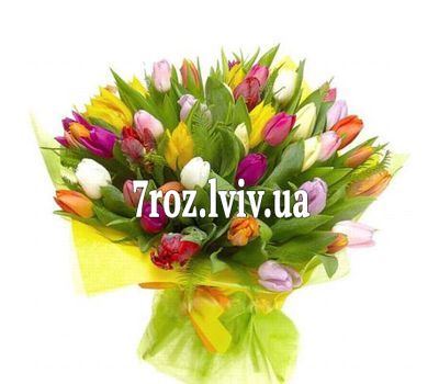 Букет із 75 різнокольорових тюльпанів