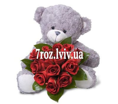 13 червоних троянд + ведмедик