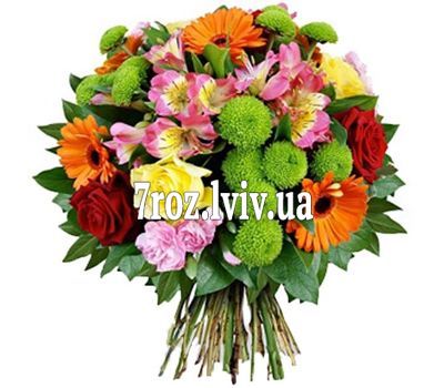 Букет із 6 роз, 5 гербер, 5 альстромерій і 3 хризантем